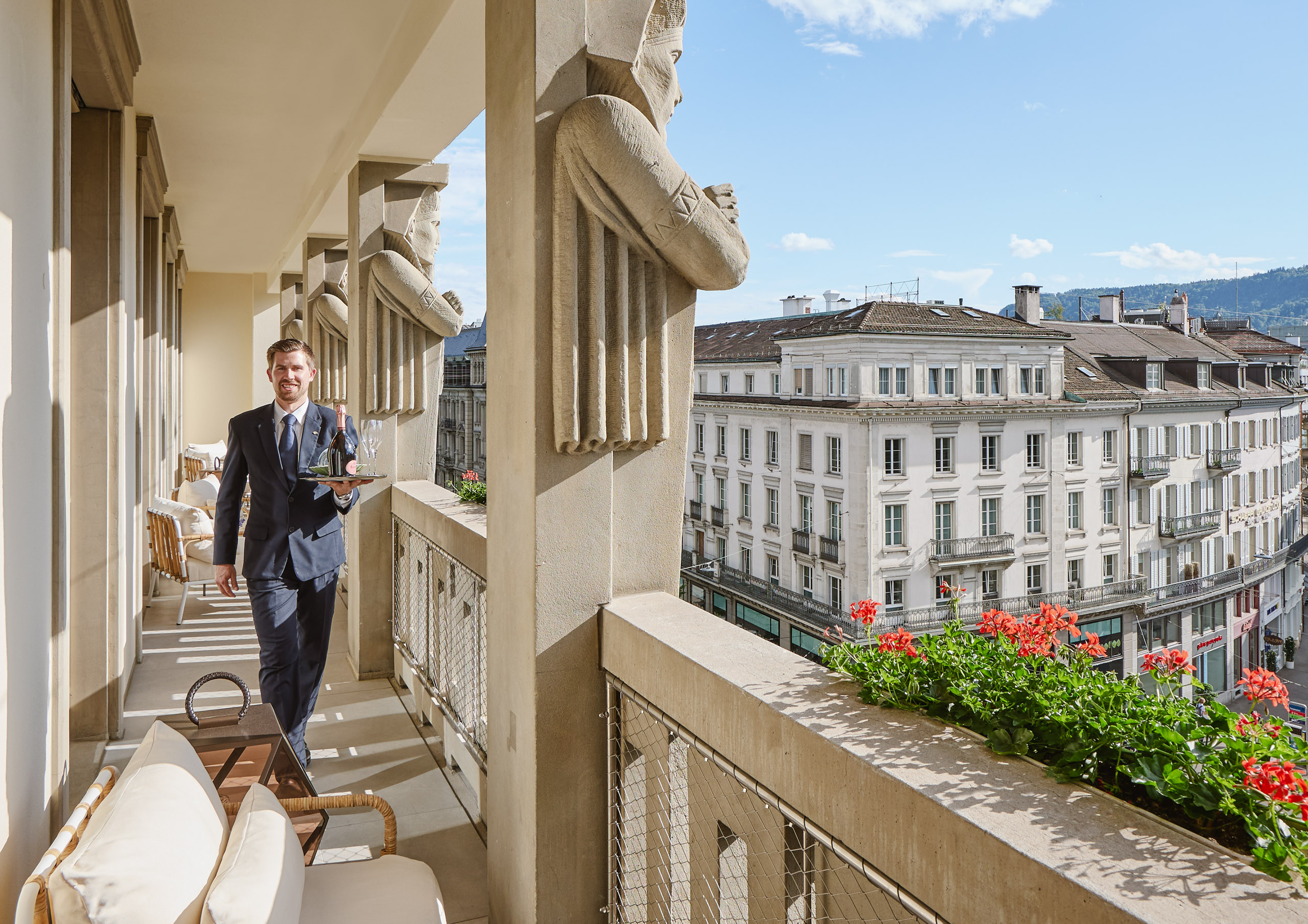 Swiss Deluxe Hotels Mandarin Oriental Savoy Zurich Zurich Rooms Suites Presidential Suite Balcony Staff